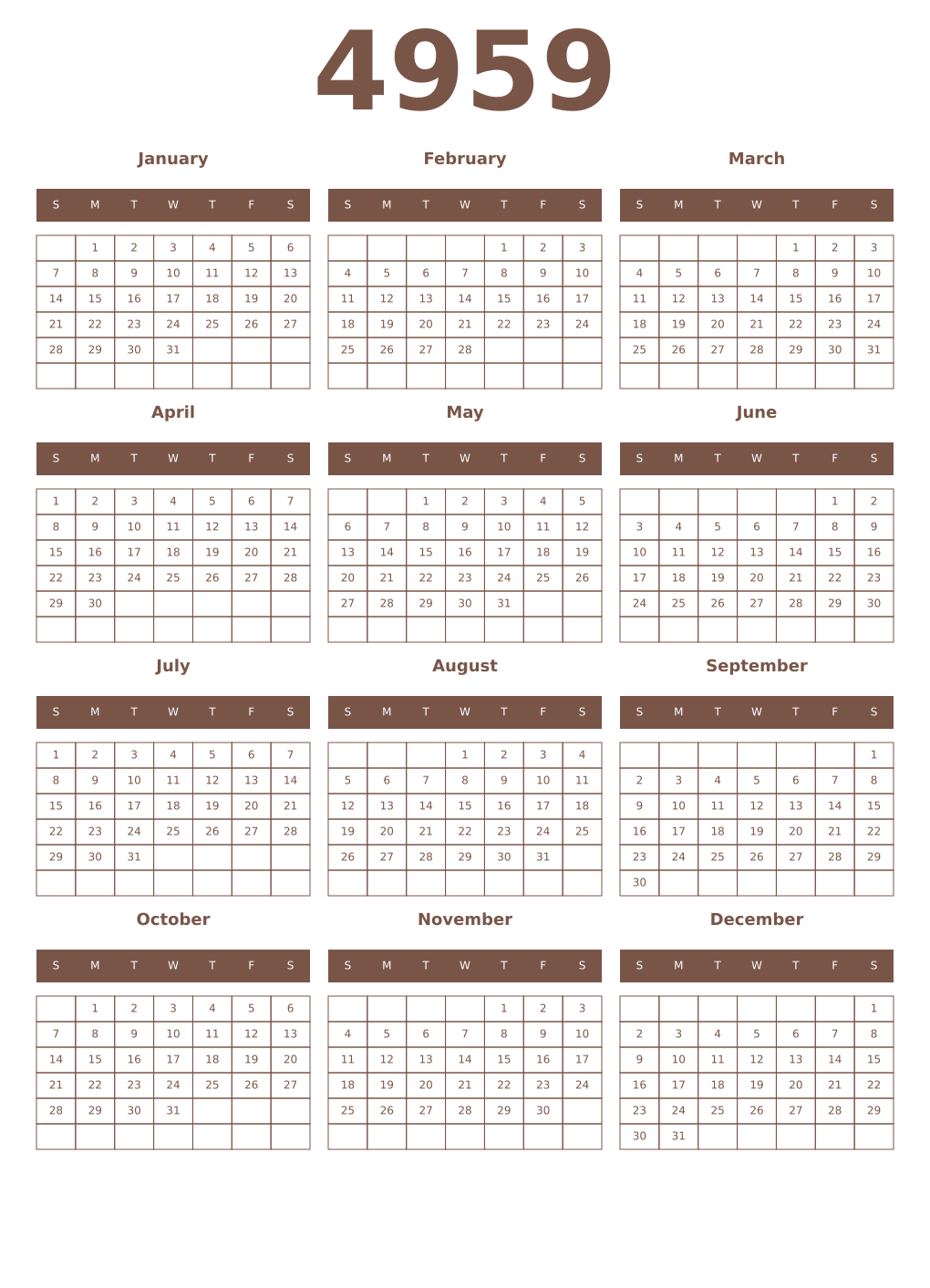 Printable 4959 Year Calendars coffe
