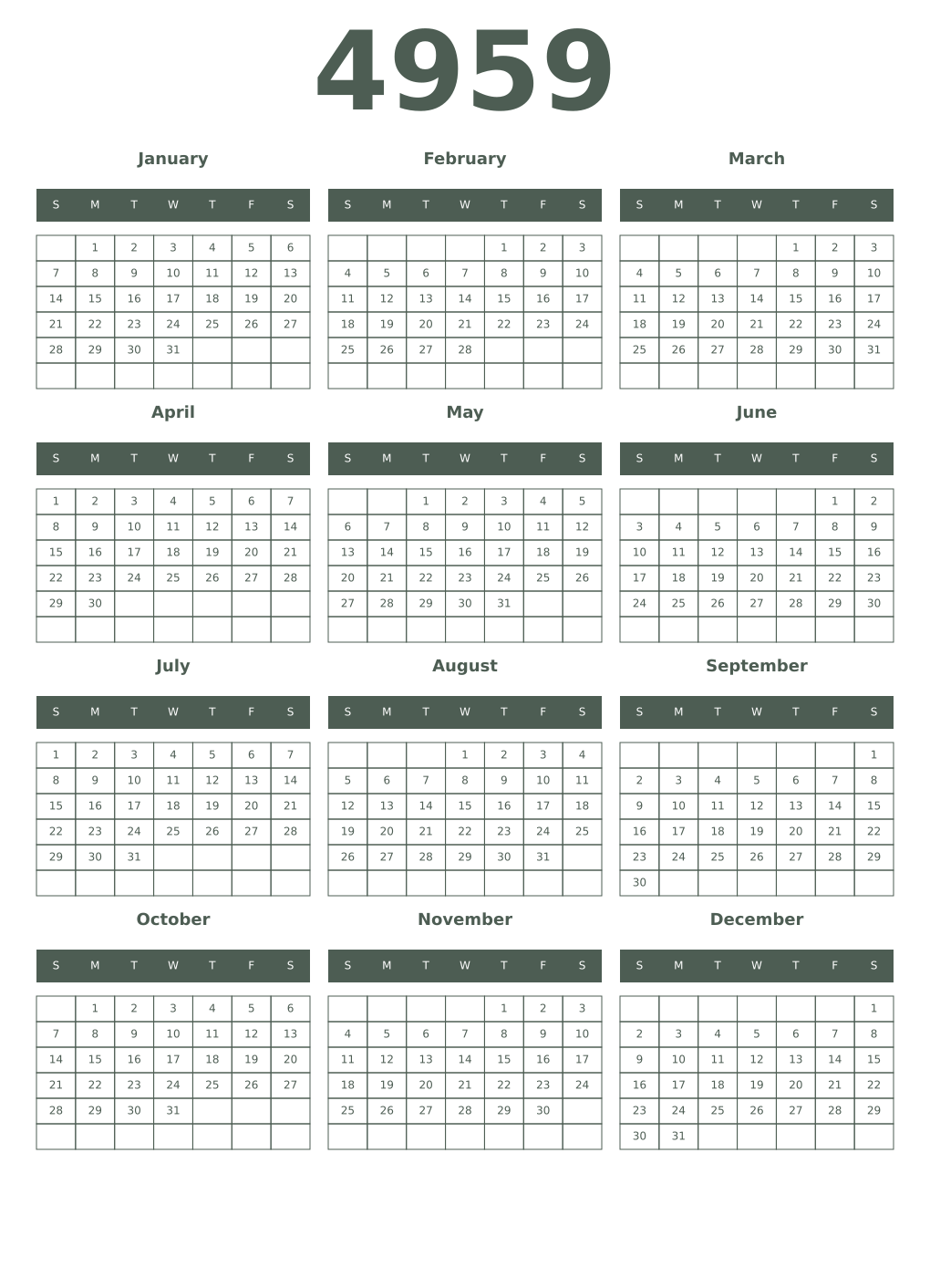 Printable 4959 Year Calendars feldgrau