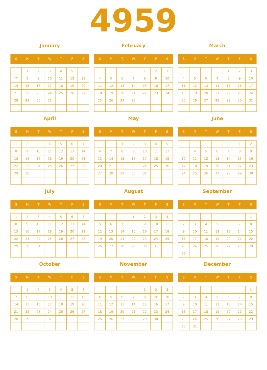 Printable 4959 Year Calendars gamboge