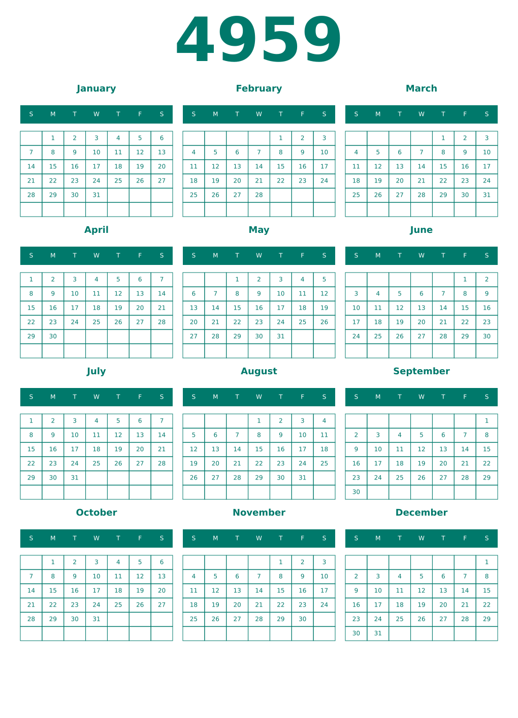 Printable 4959 Year Calendars pastel