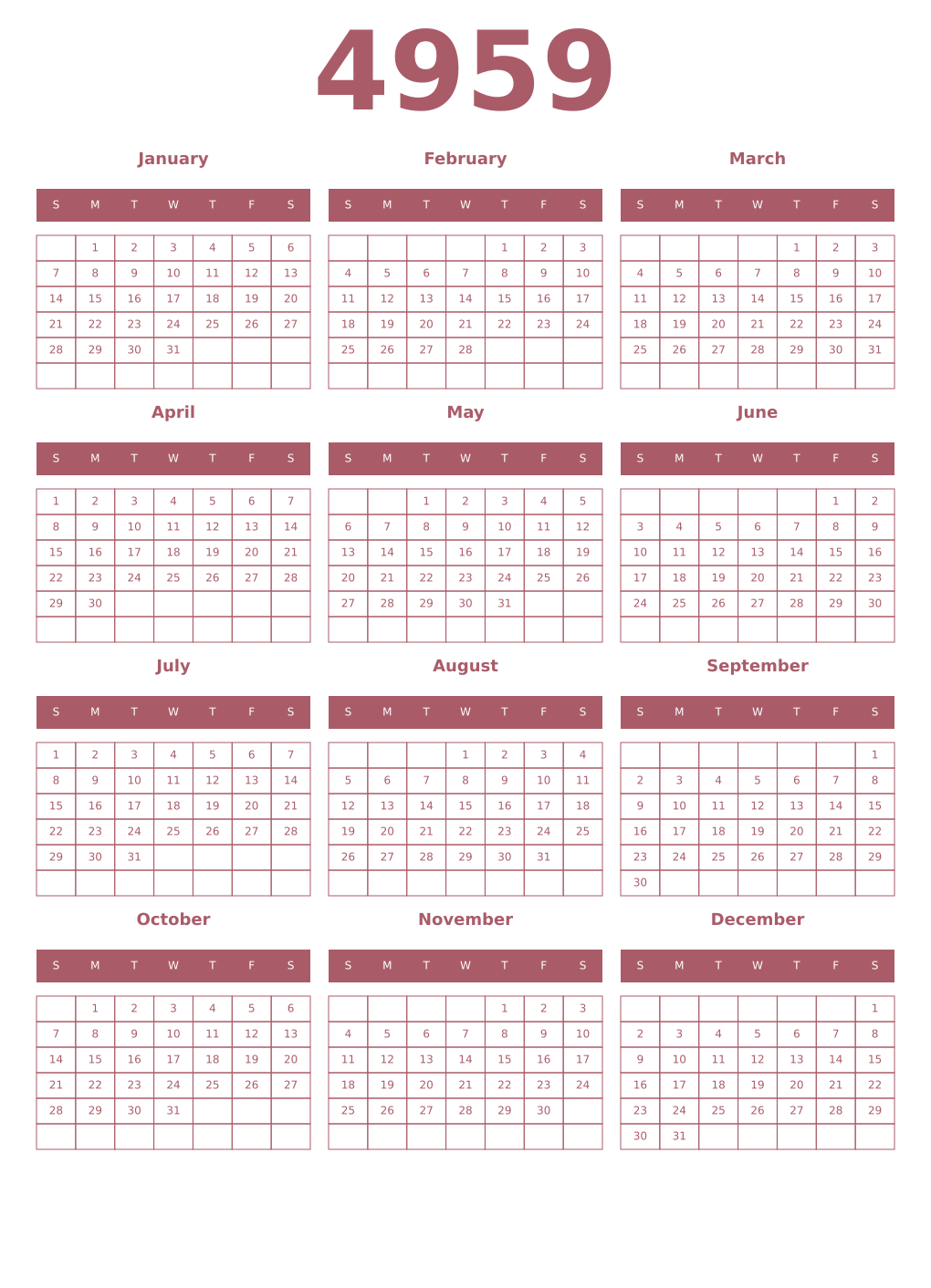 Printable 4959 Year Calendars puce