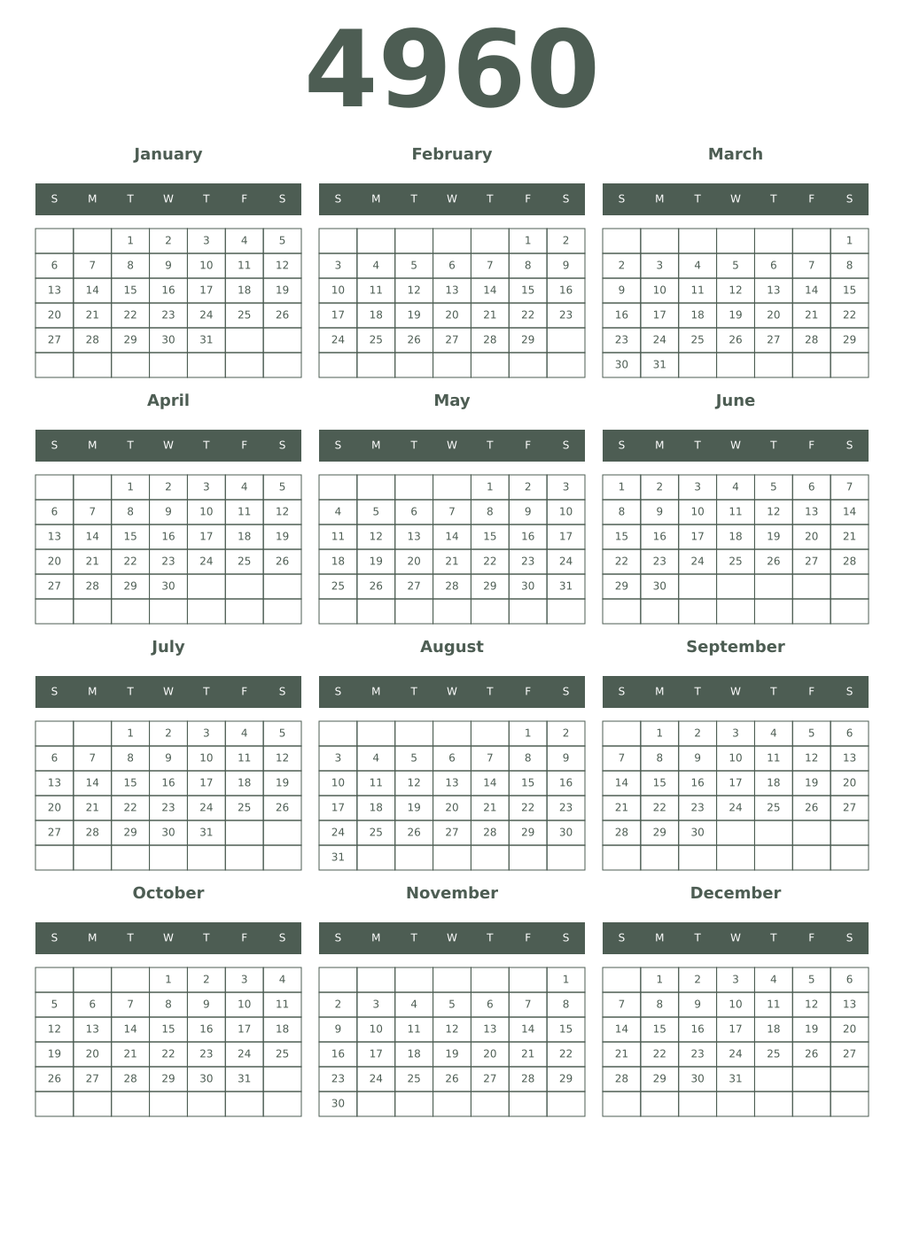 Printable 4960 Year Calendars feldgrau