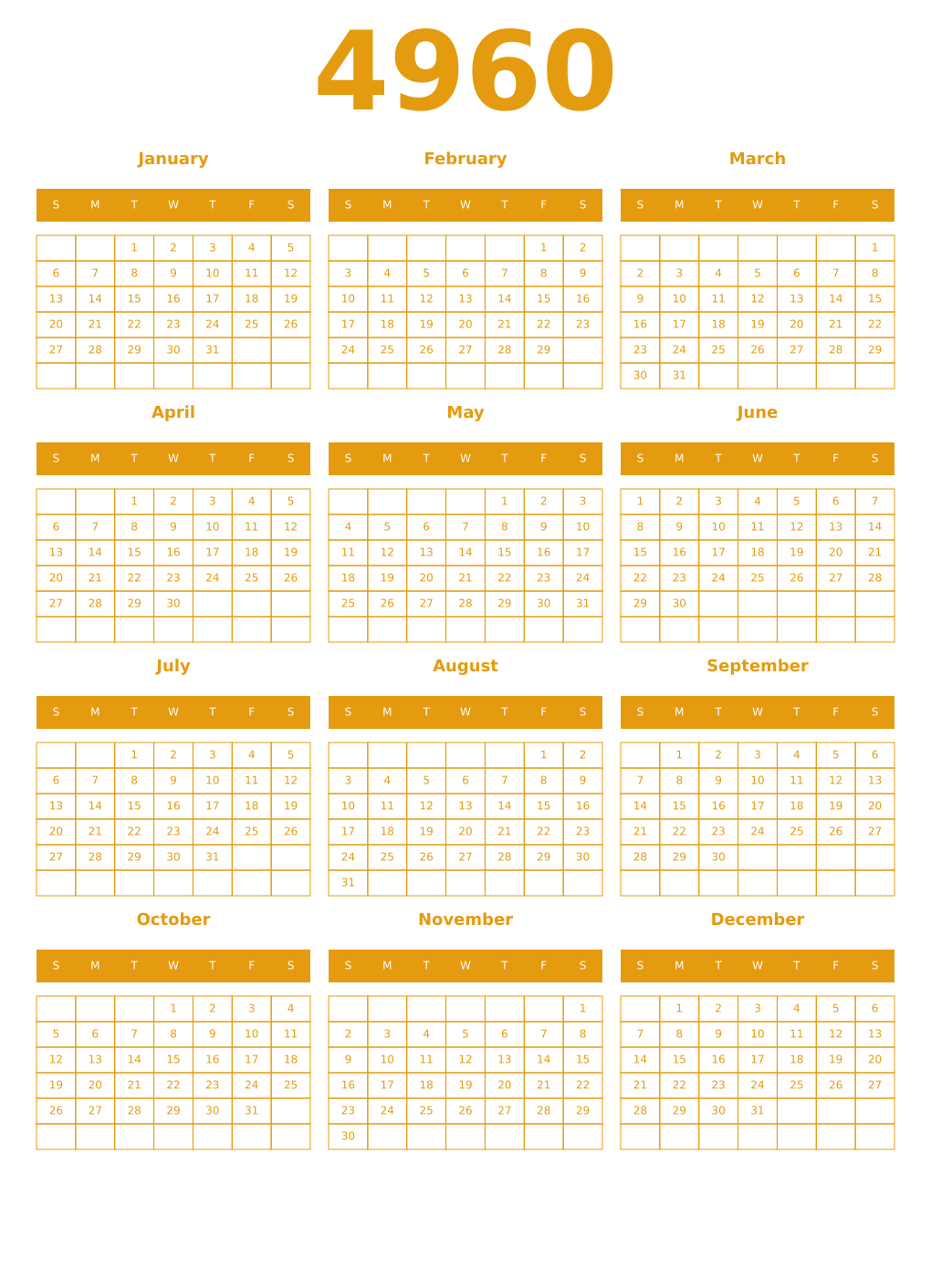 Printable 4960 Year Calendars gamboge