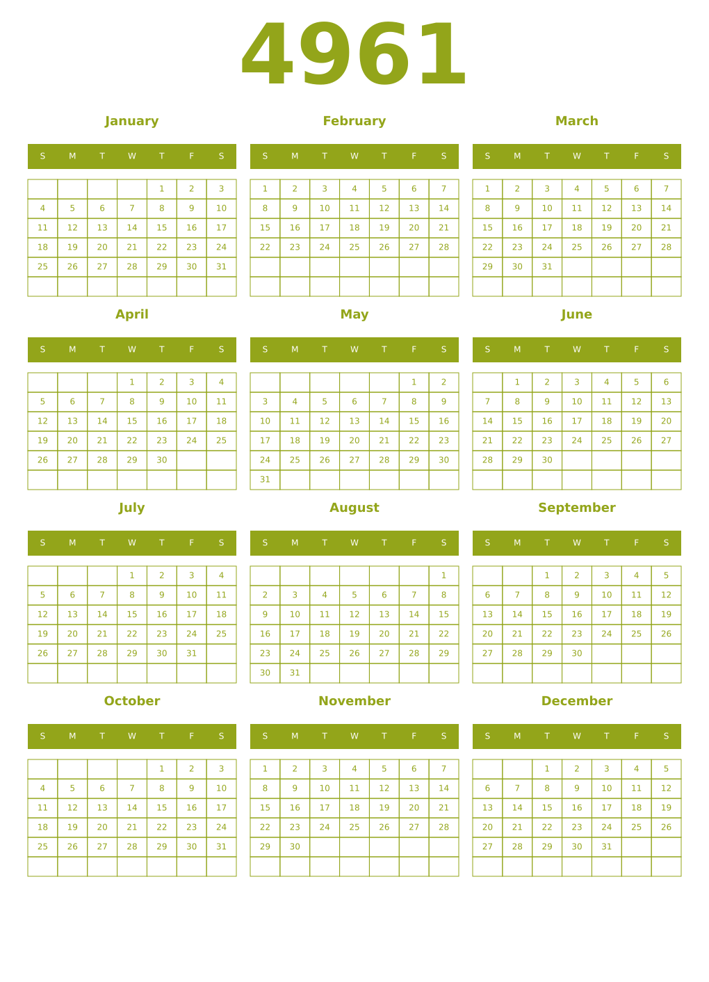 Printable 4961 Year Calendars chartreuse