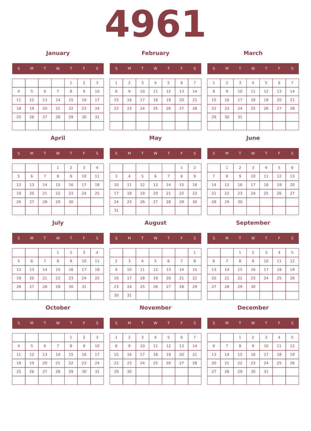 Printable 4961 Year Calendars cordovan