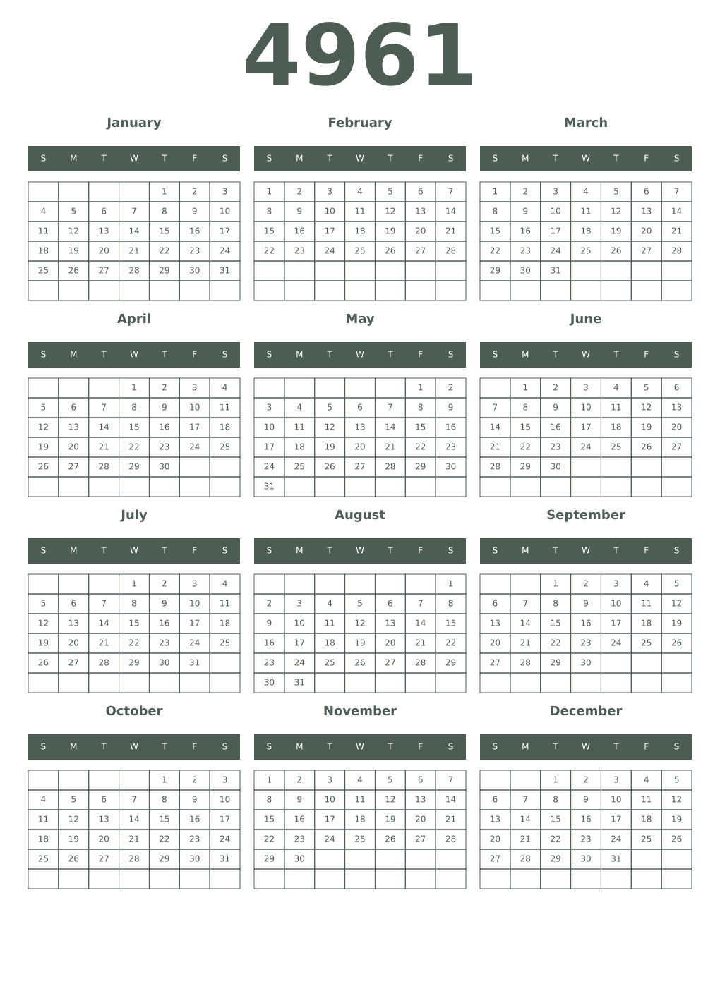 Printable 4961 Year Calendars feldgrau