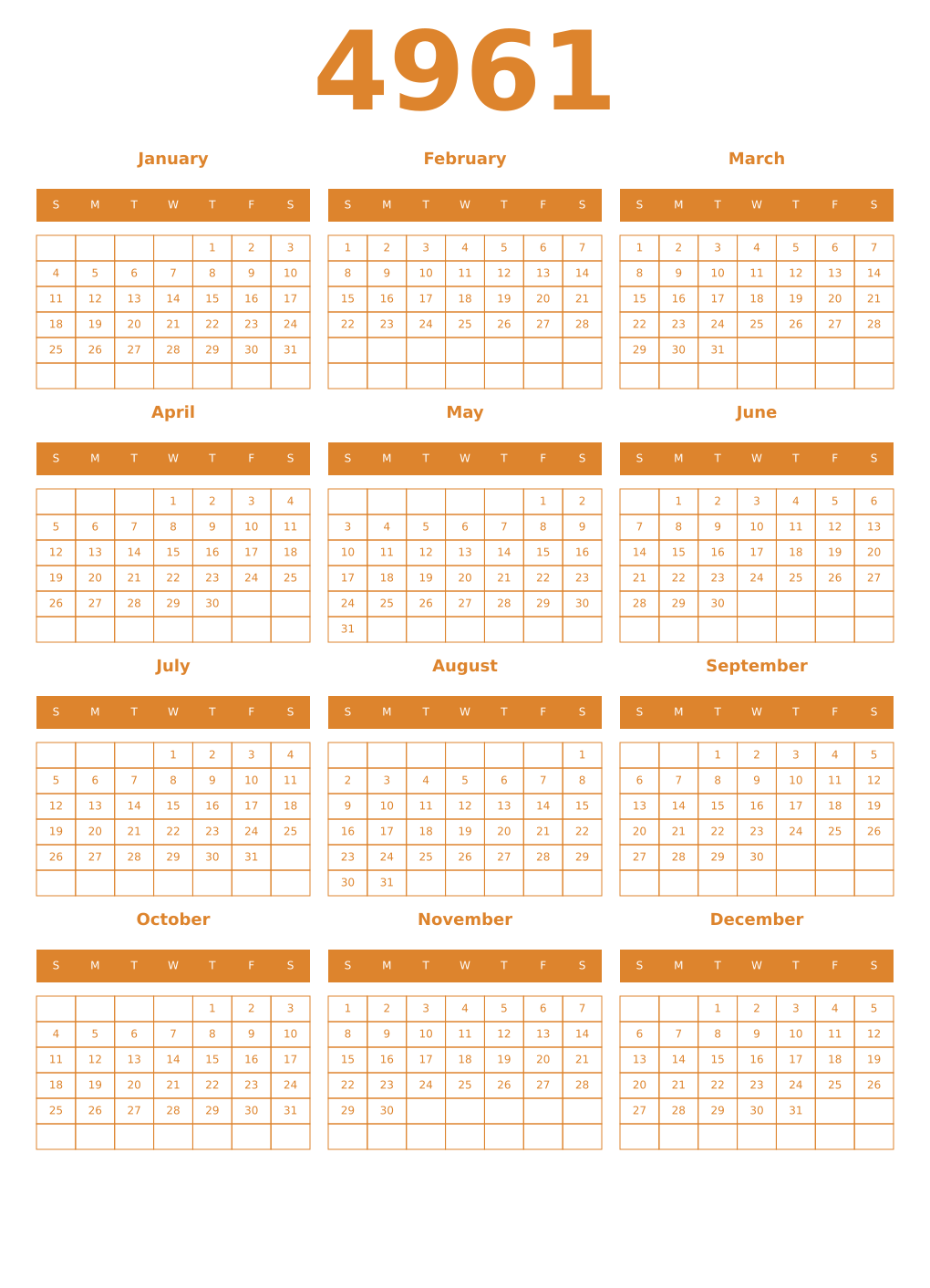 Printable 4961 Year Calendars orange