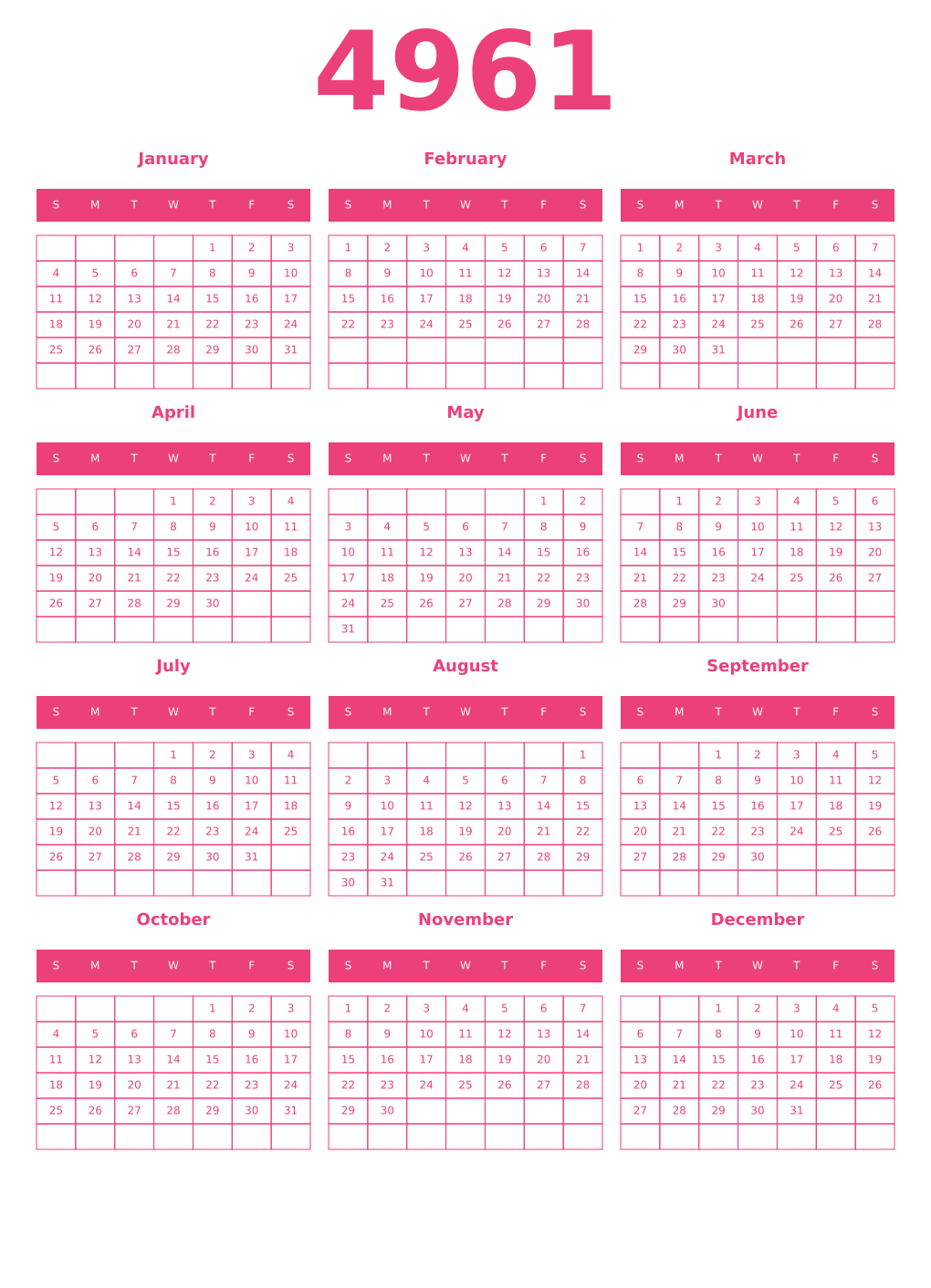 Printable 4961 Year Calendars pink