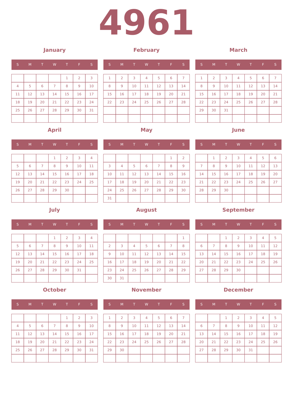 Printable 4961 Year Calendars puce