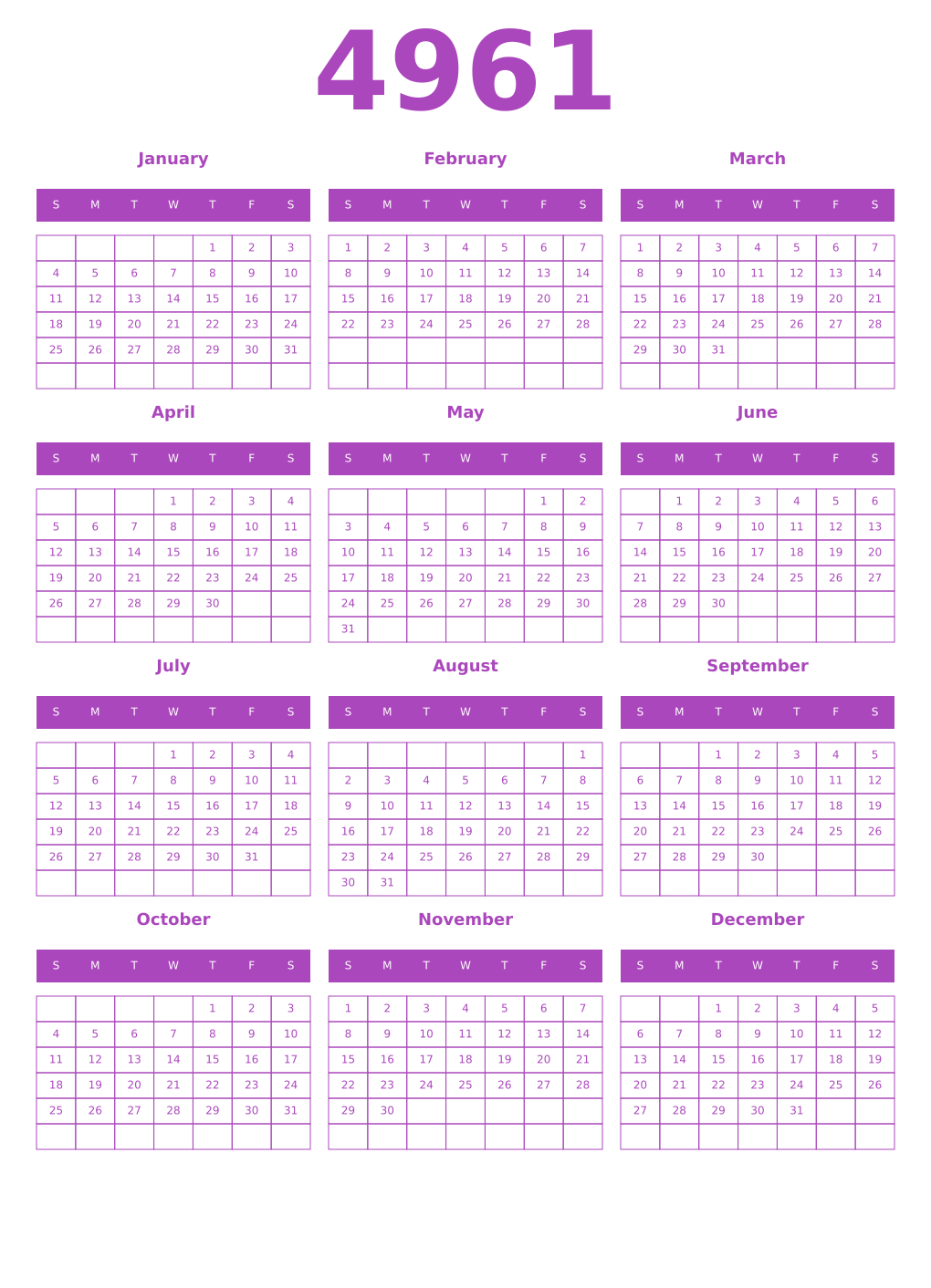 Printable 4961 Year Calendars purple