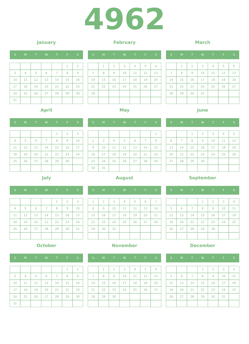 Printable 4962 Year Calendars celadon