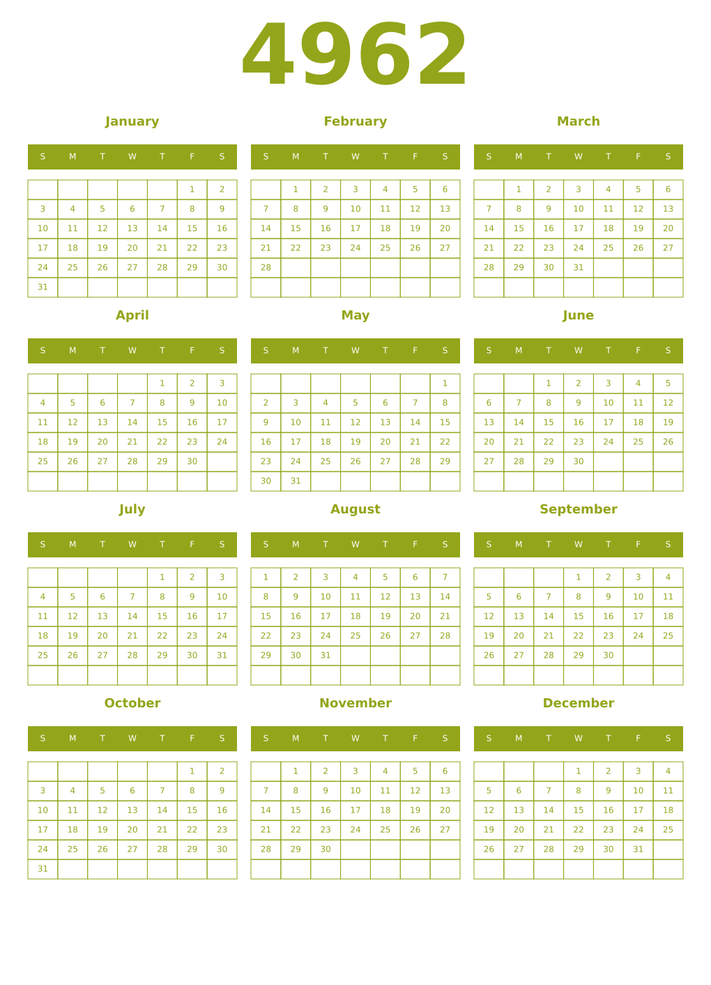 Printable 4962 Year Calendars chartreuse