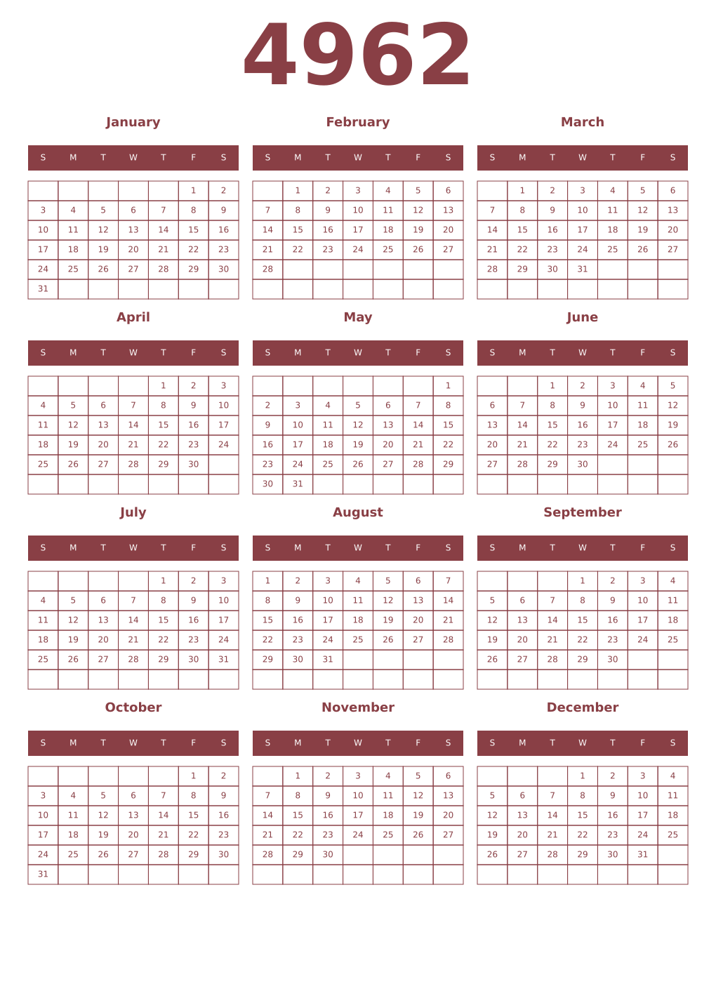 Printable 4962 Year Calendars cordovan