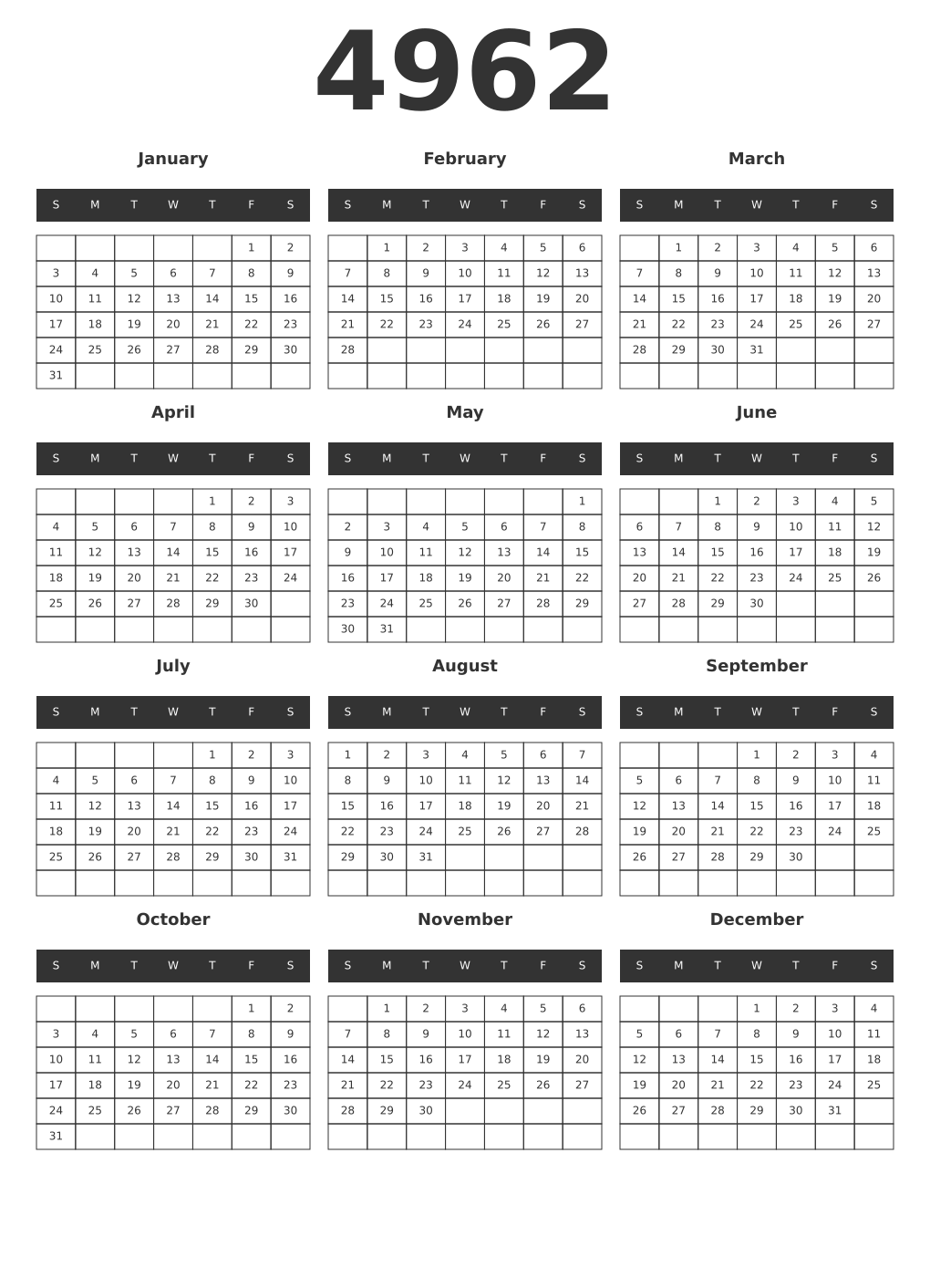 Printable 4962 Year Calendars dark
