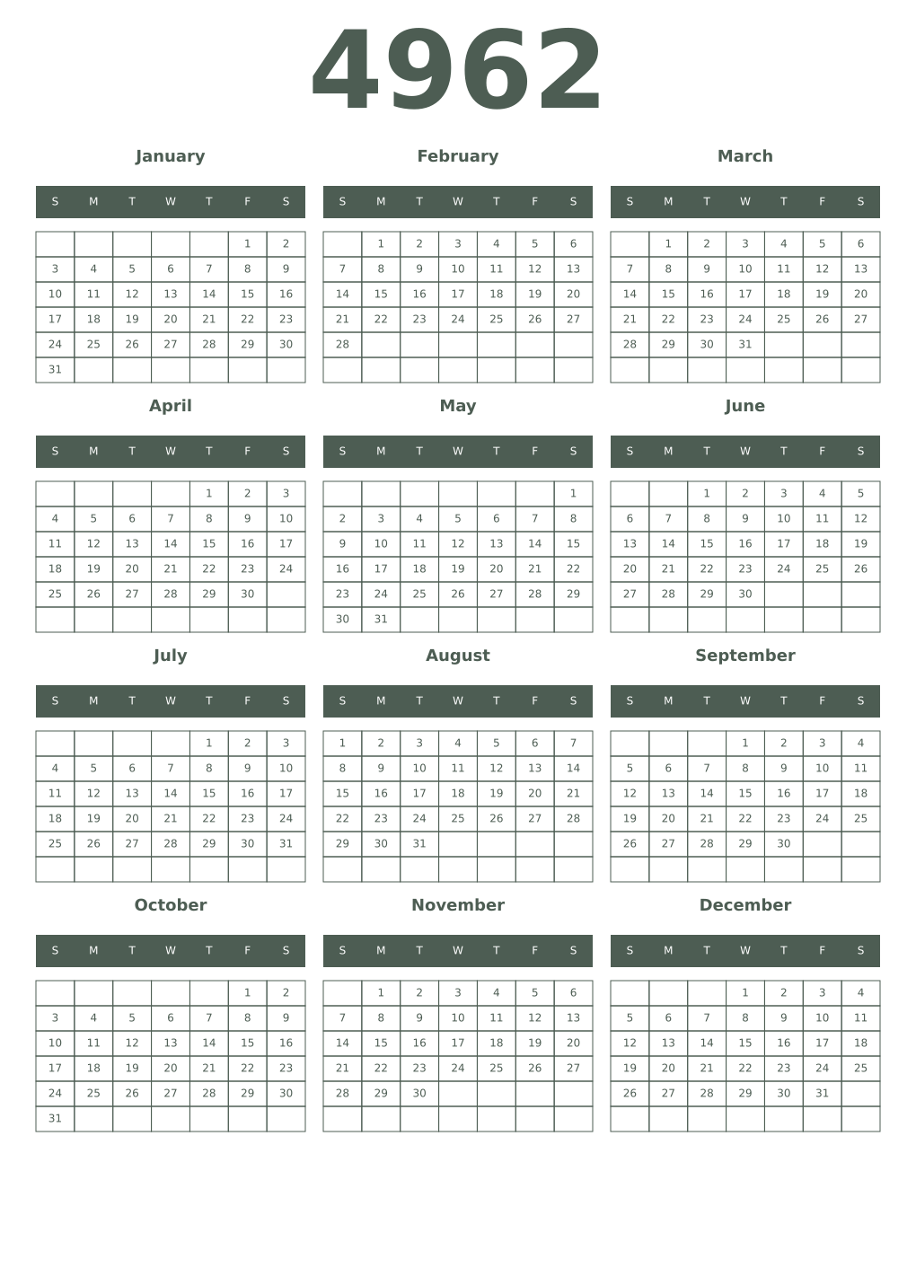 Printable 4962 Year Calendars feldgrau