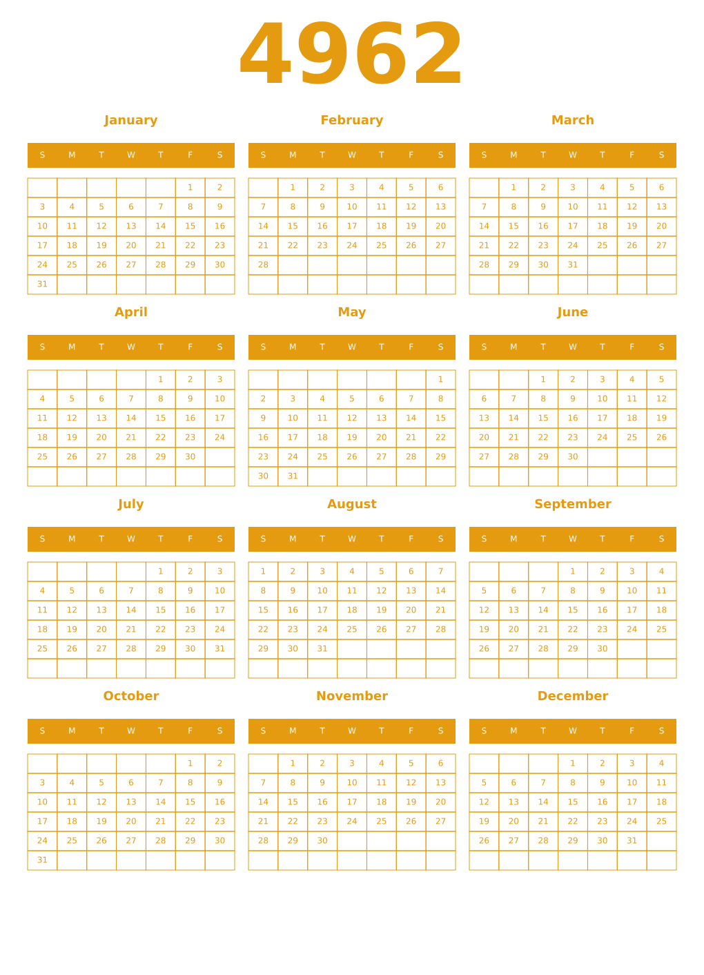 Printable 4962 Year Calendars gamboge