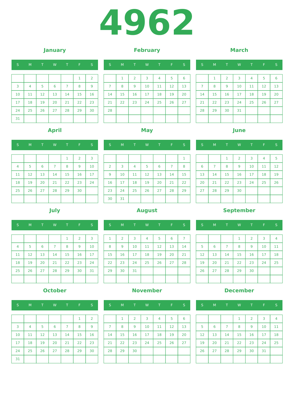 Printable 4962 Year Calendars green