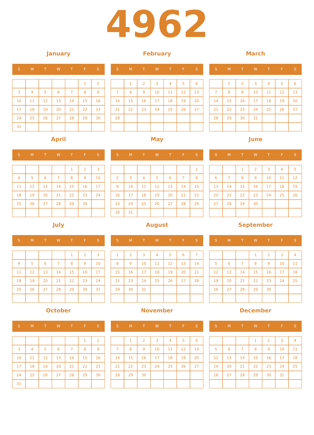 Printable 4962 Year Calendars orange