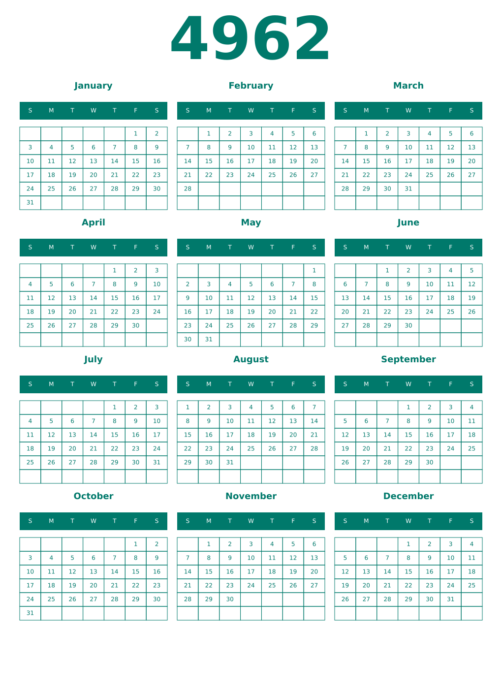 Printable 4962 Year Calendars pastel