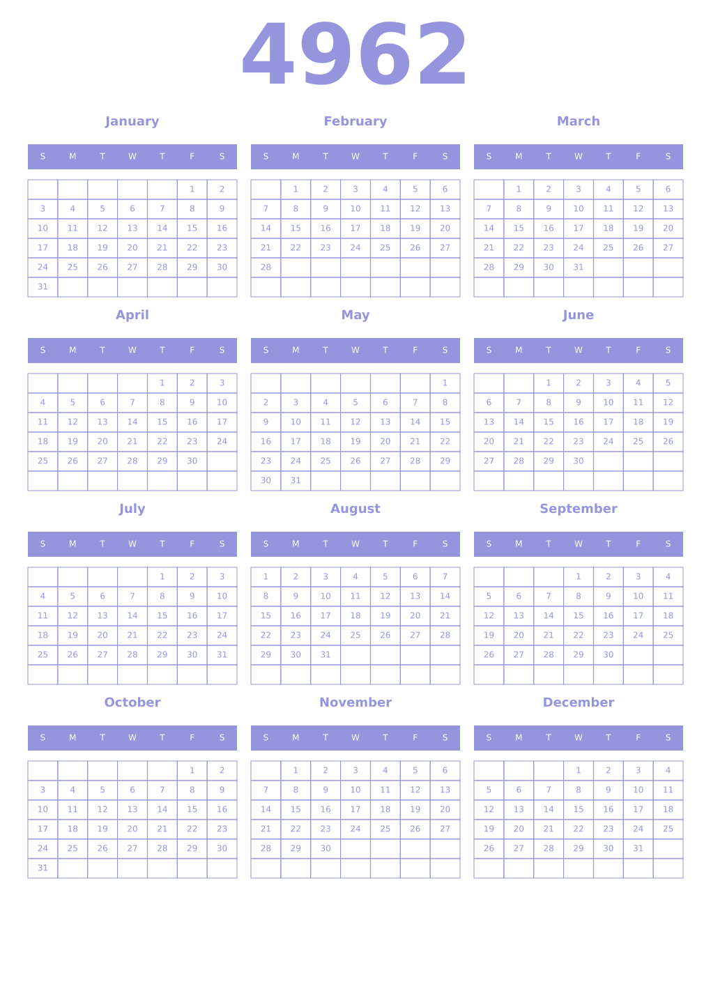 Printable 4962 Year Calendars periwinkle