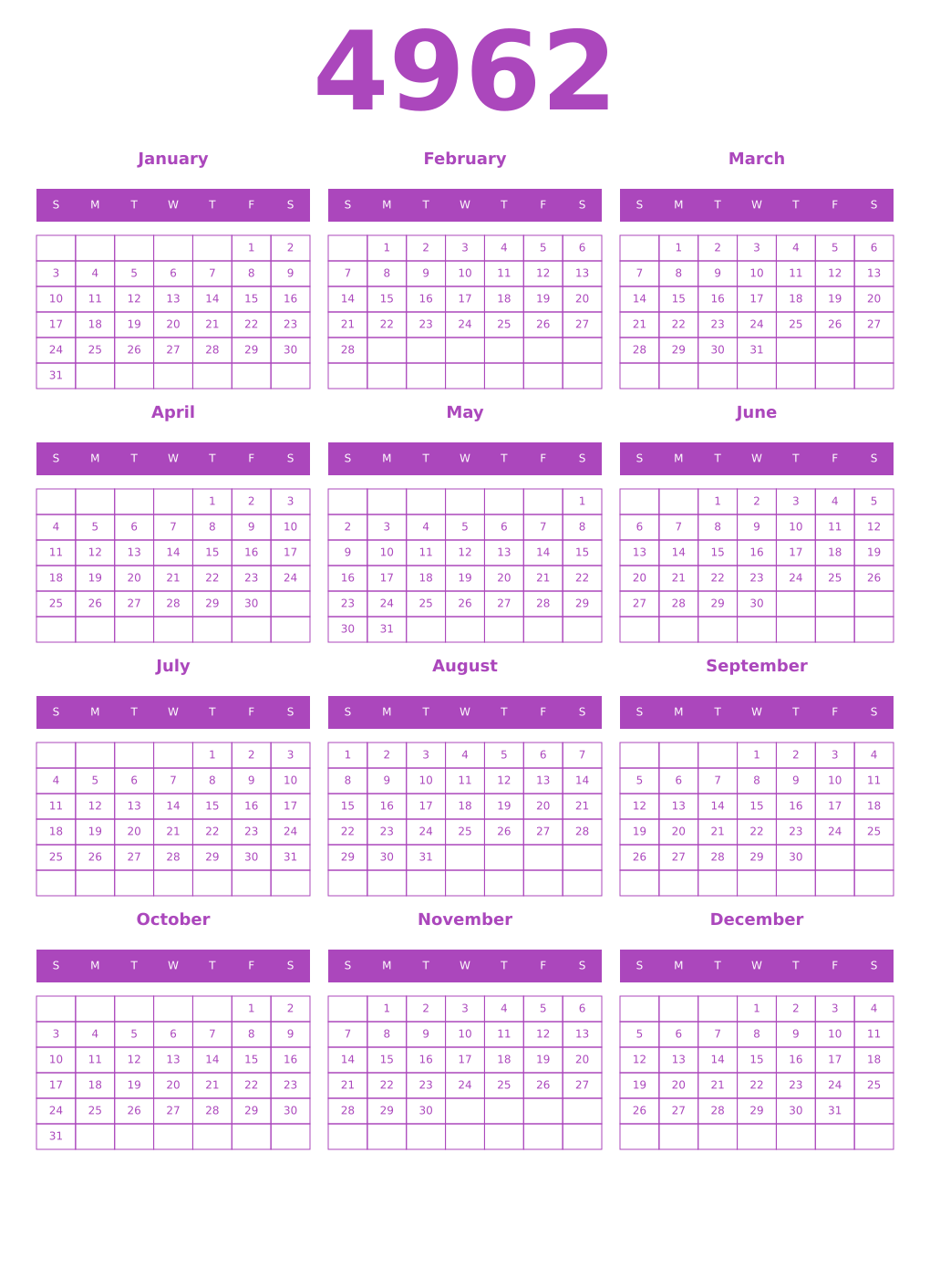 Printable 4962 Year Calendars purple