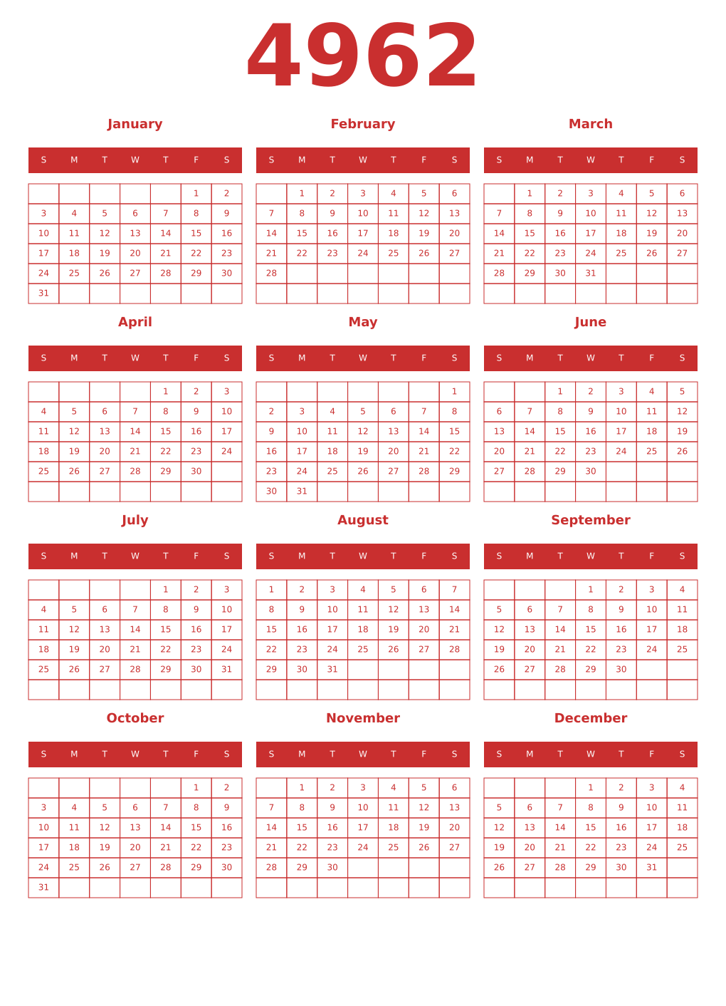 Printable 4962 Year Calendars red