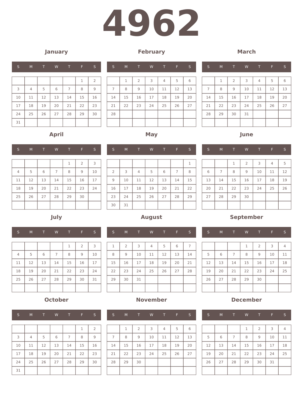 Printable 4962 Year Calendars wenge