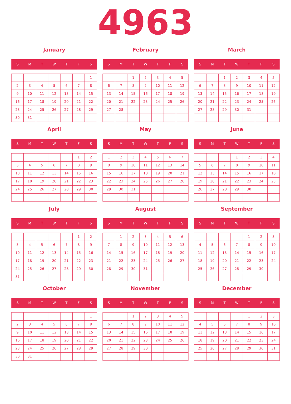 Printable 4963 Year Calendars amaranth