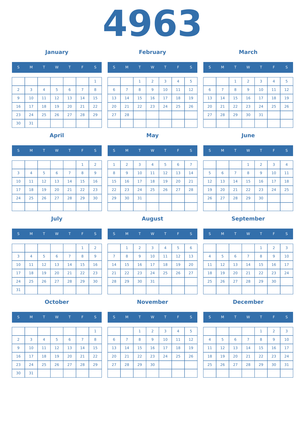 Printable 4963 Year Calendars blue