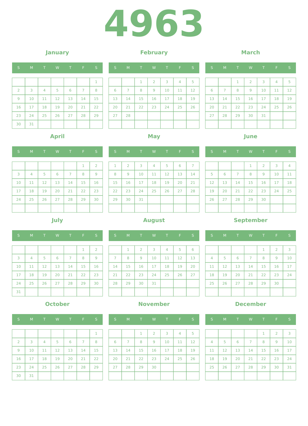 Printable 4963 Year Calendars celadon