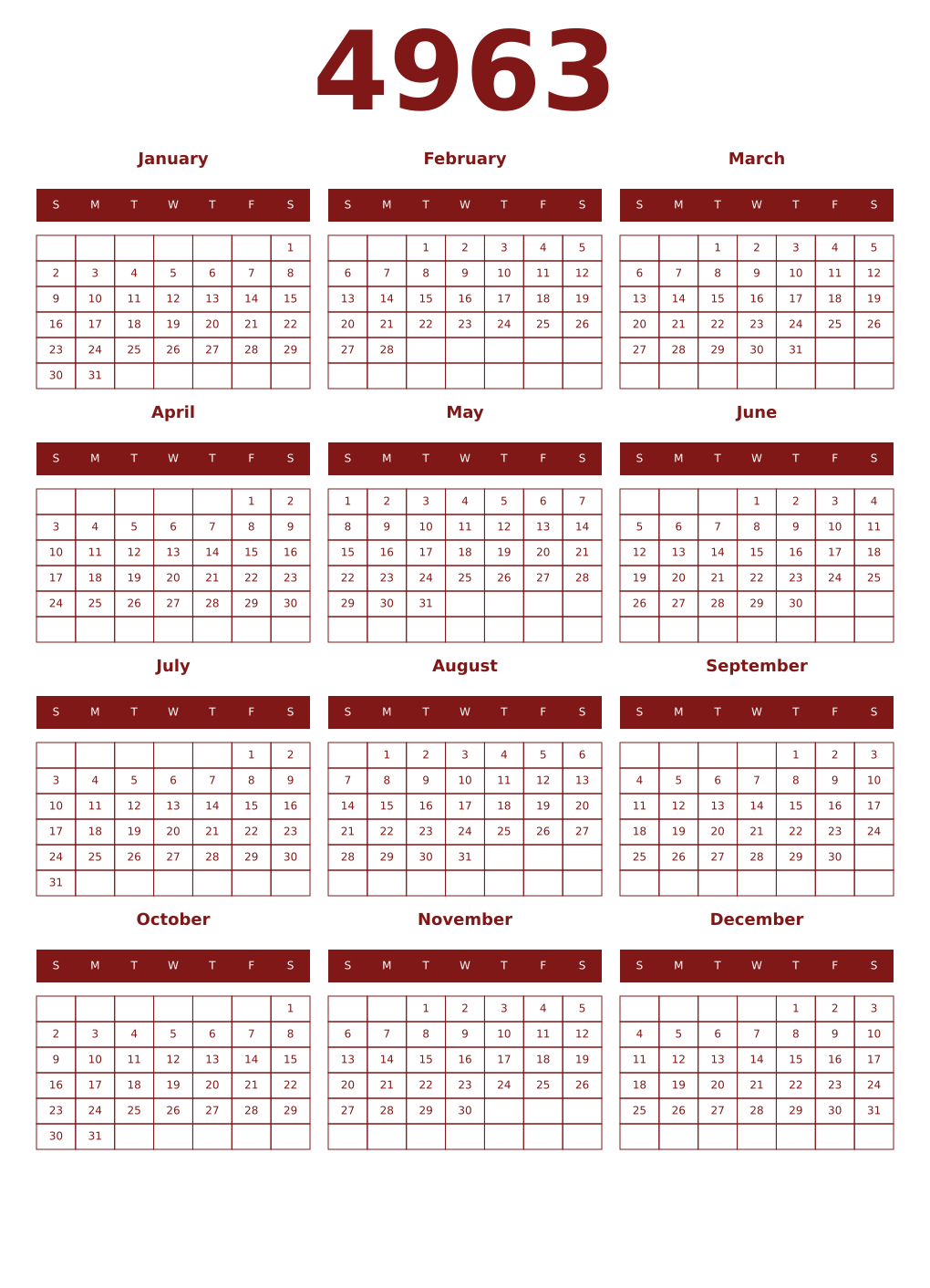 Printable 4963 Year Calendars falu