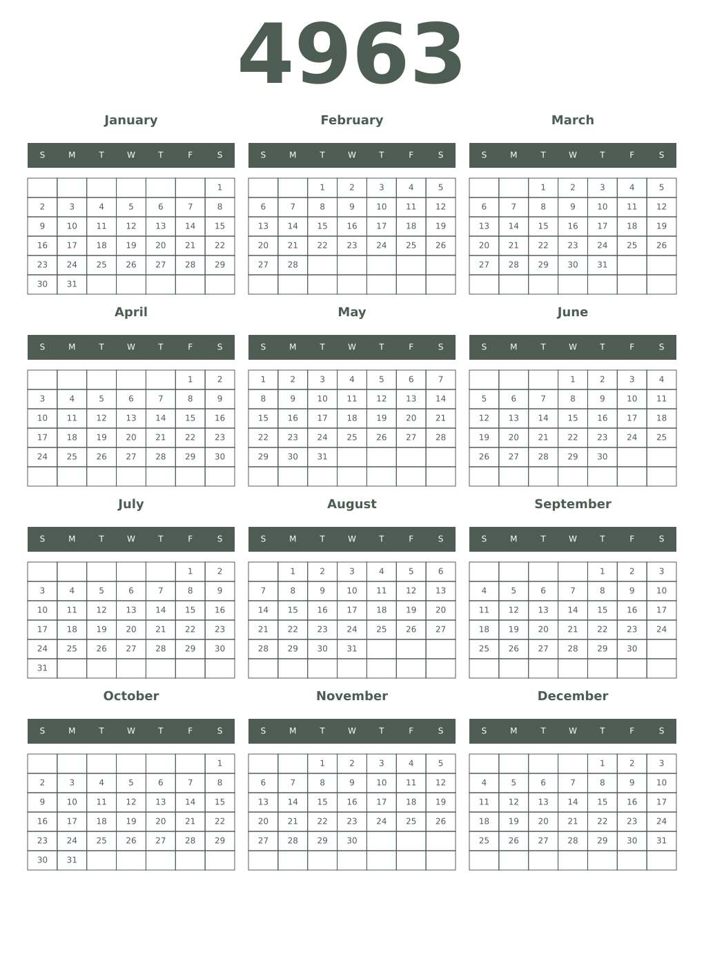 Printable 4963 Year Calendars feldgrau
