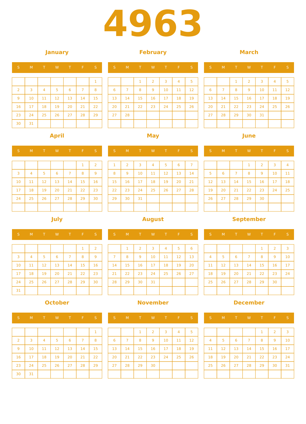 Printable 4963 Year Calendars gamboge