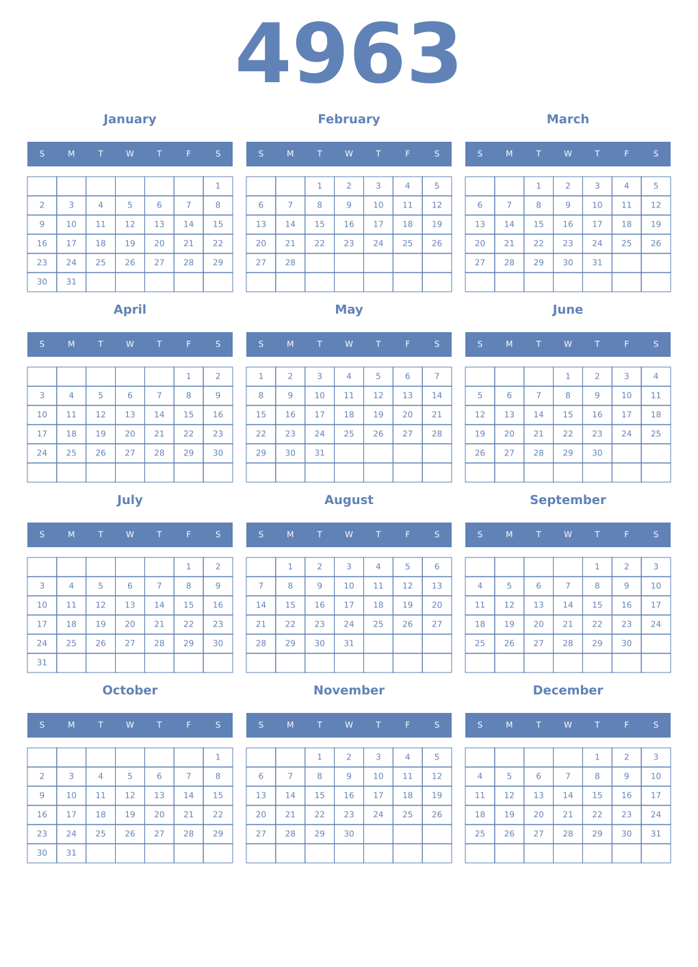 Printable 4963 Year Calendars glaucous