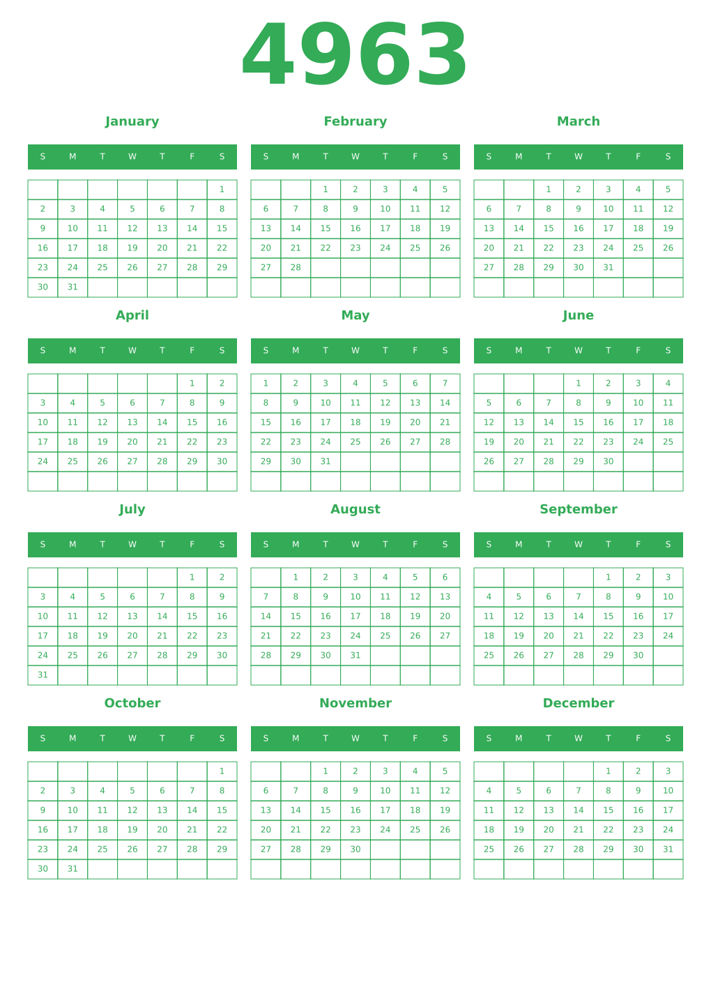 Printable 4963 Year Calendars green