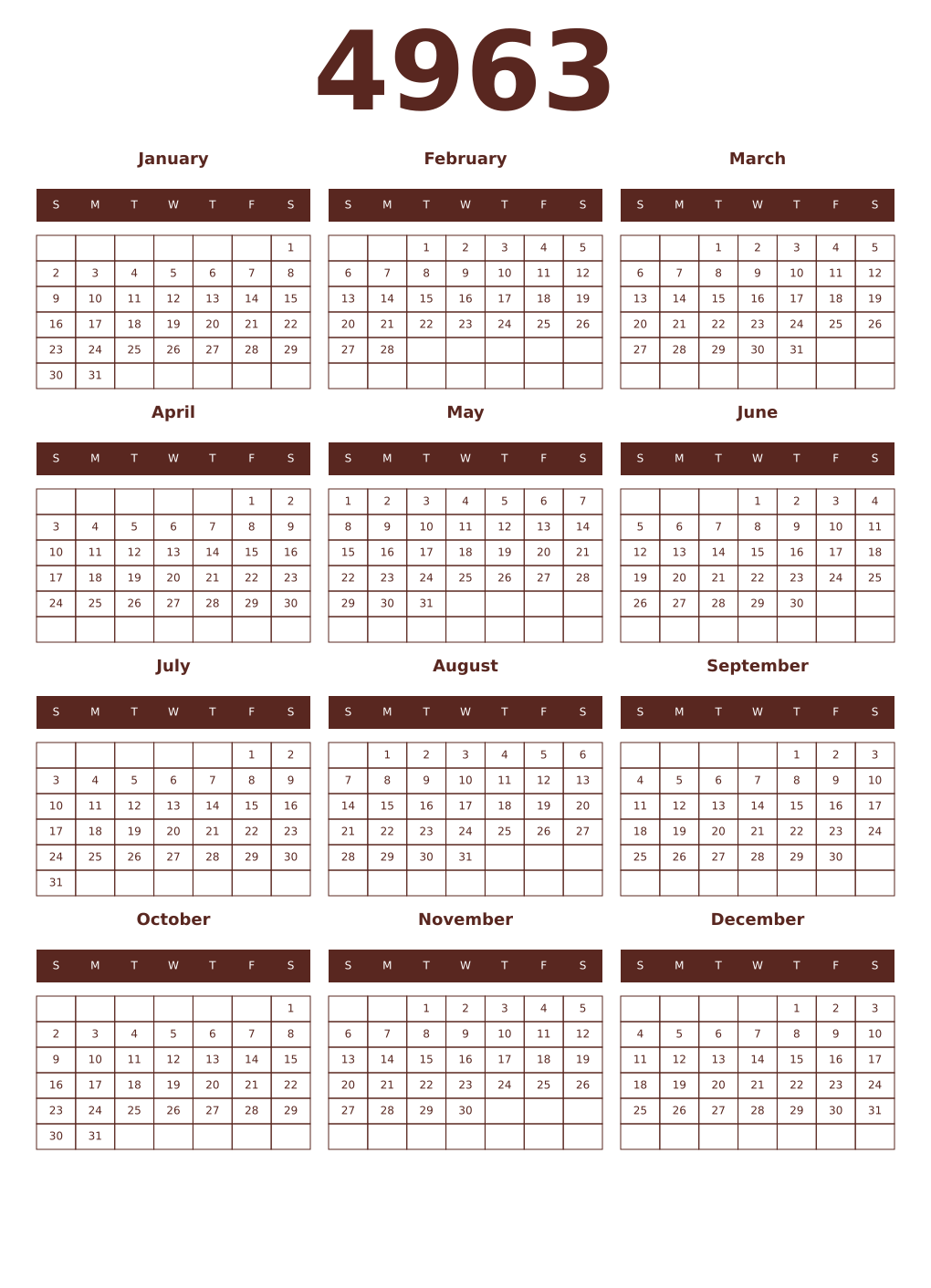 Printable 4963 Year Calendars mortuum