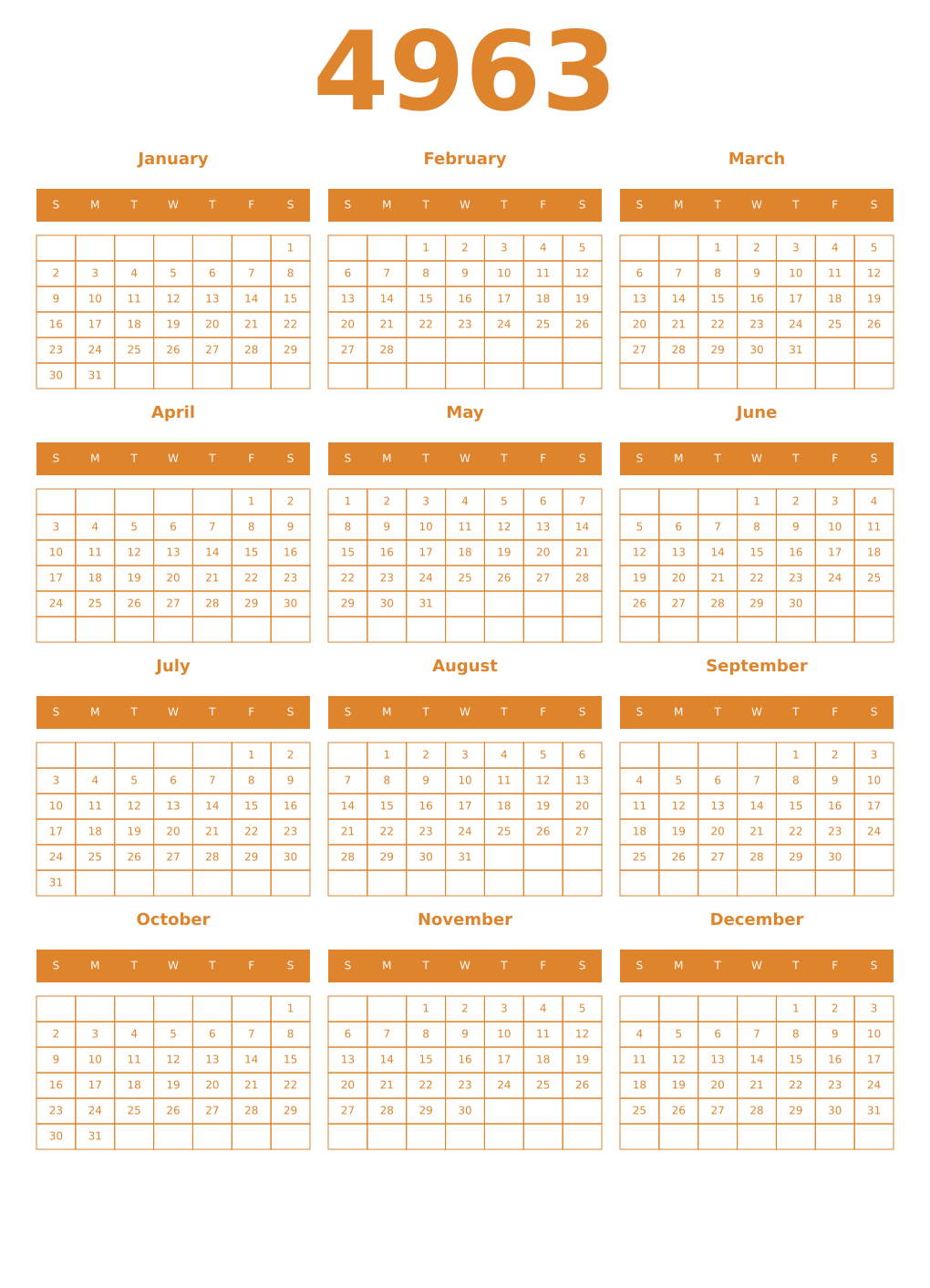 Printable 4963 Year Calendars orange