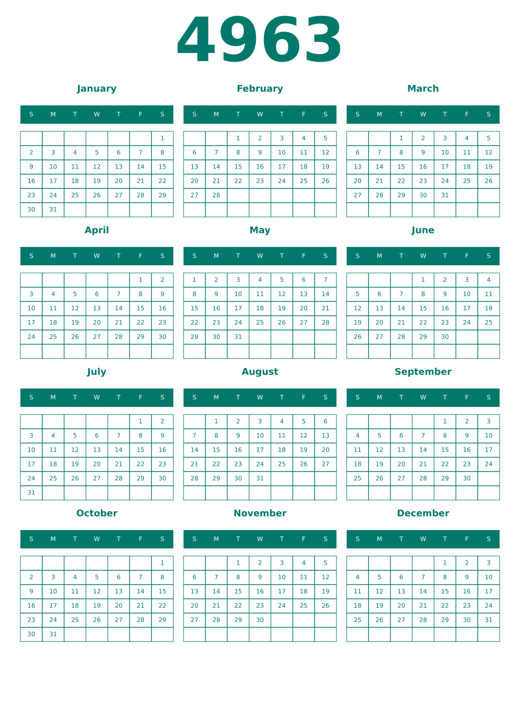 Printable 4963 Year Calendars pastel