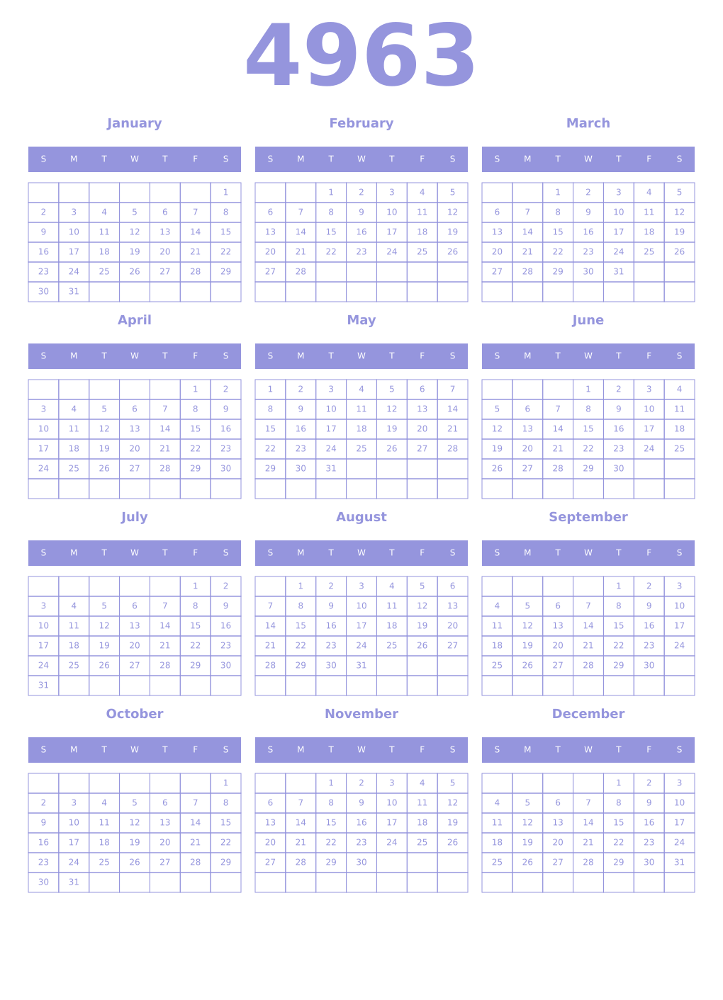 Printable 4963 Year Calendars periwinkle