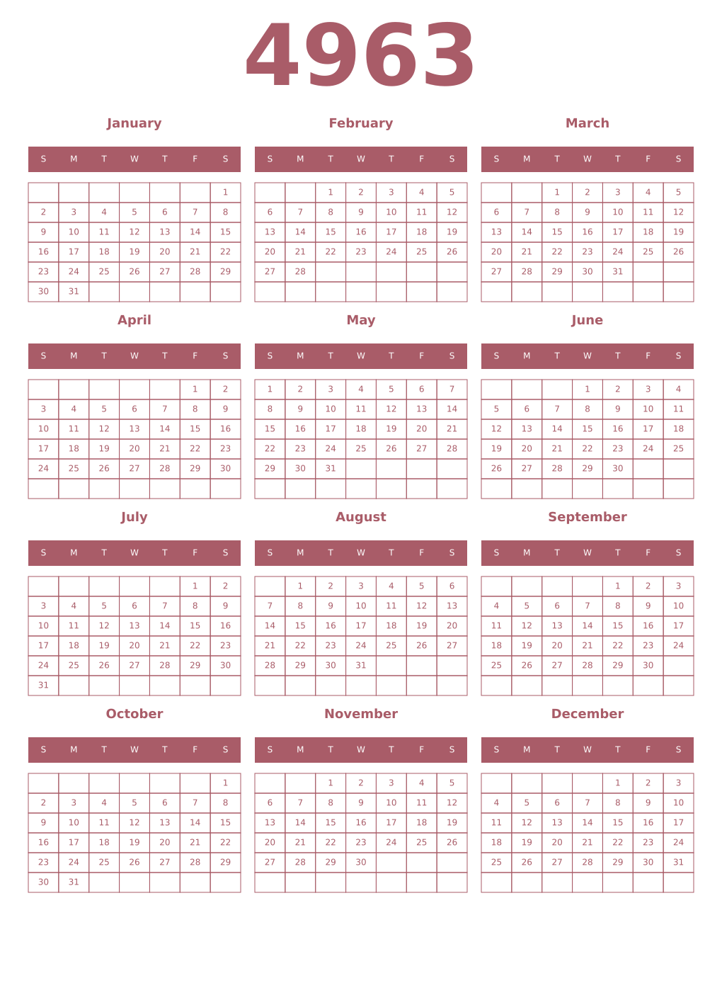 Printable 4963 Year Calendars puce