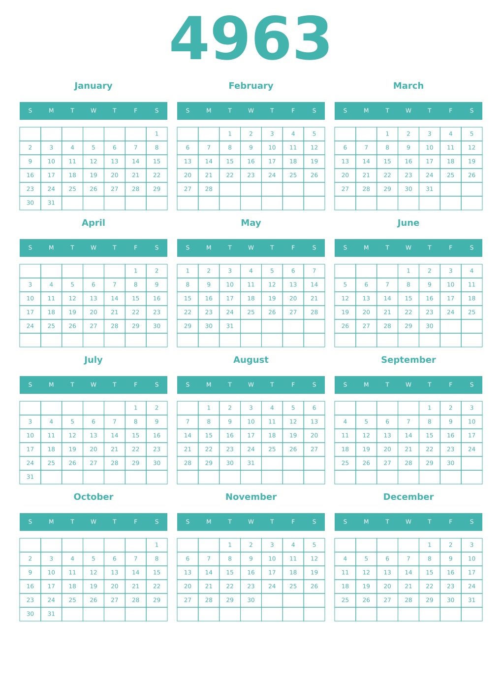 Printable 4963 Year Calendars verdigris