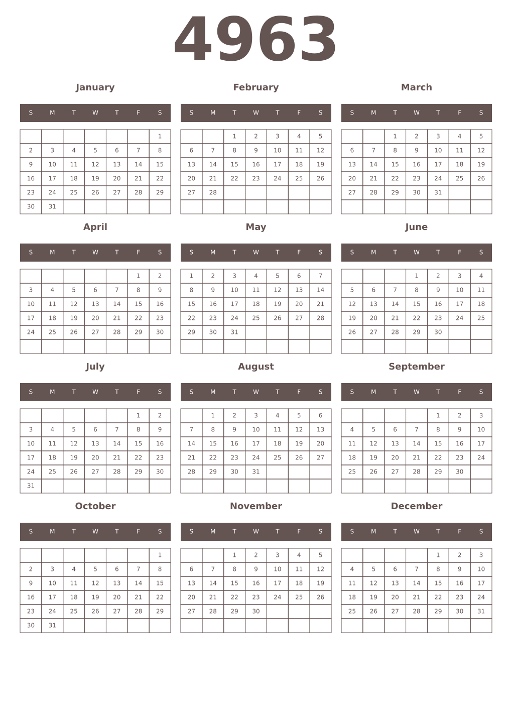 Printable 4963 Year Calendars wenge
