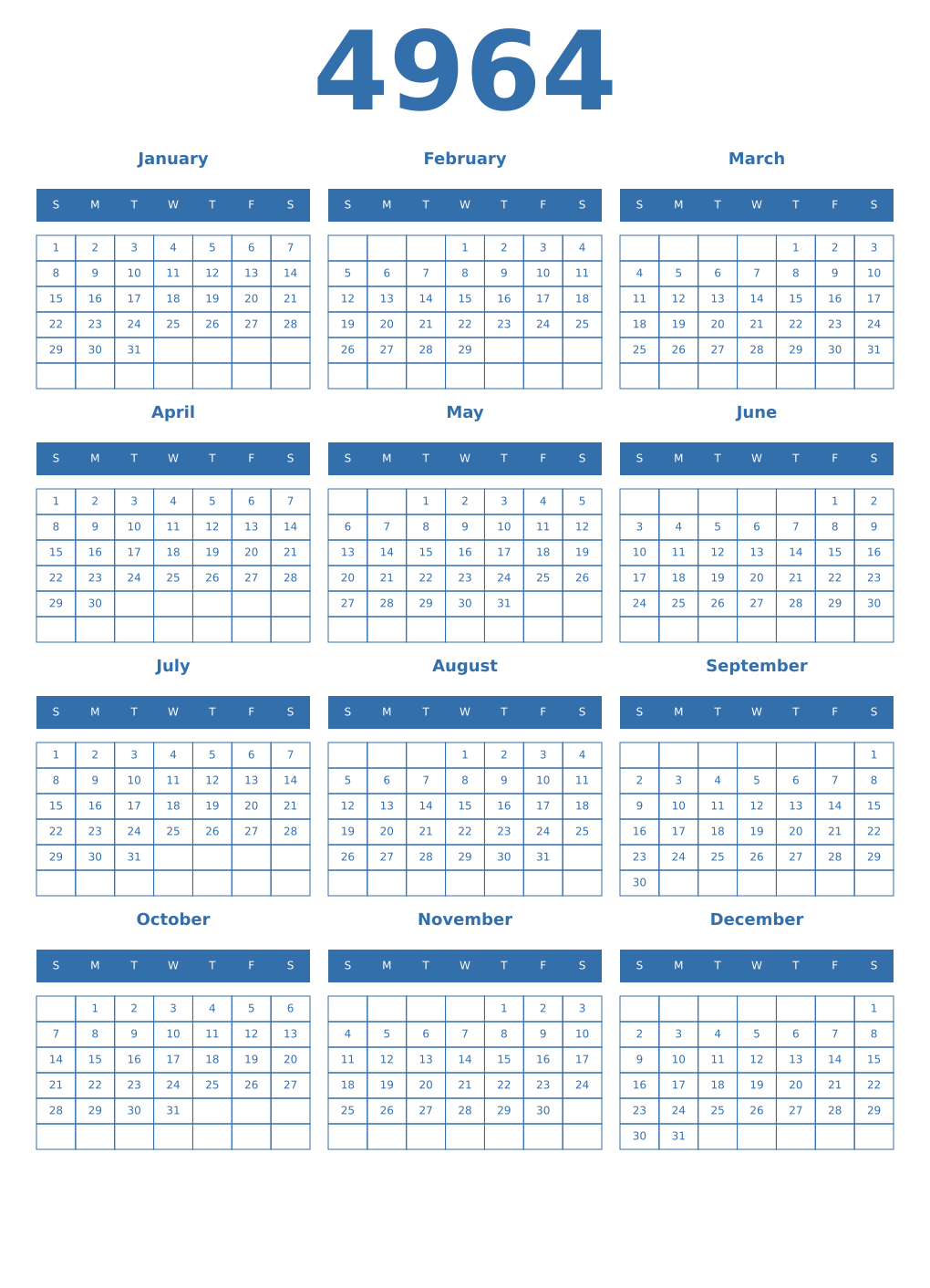 Printable 4964 Year Calendars blue