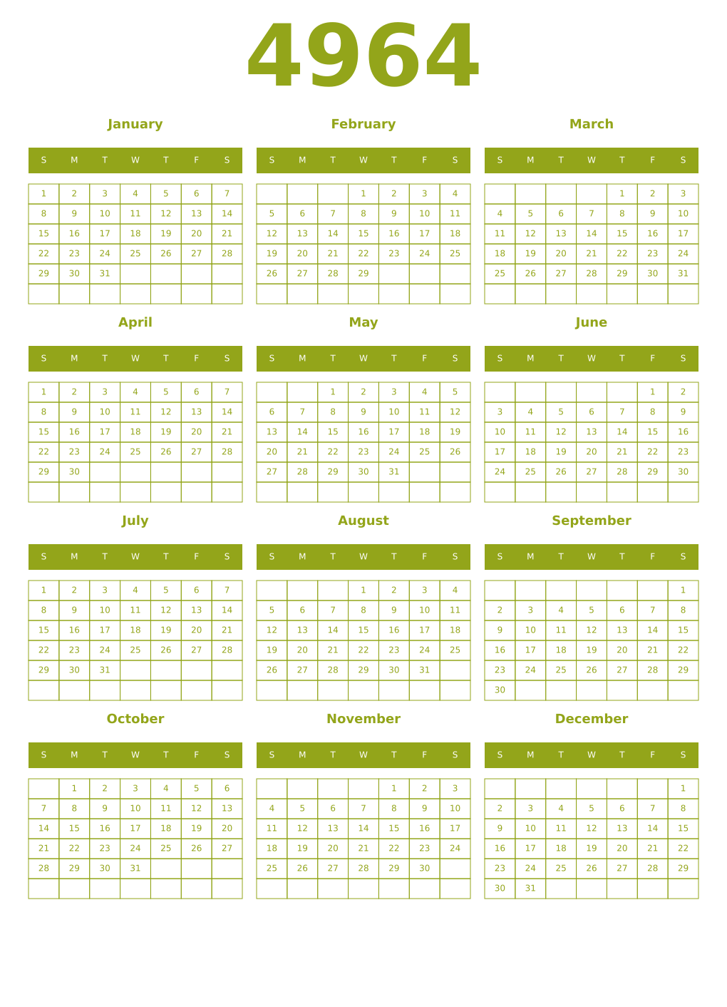 Printable 4964 Year Calendars chartreuse