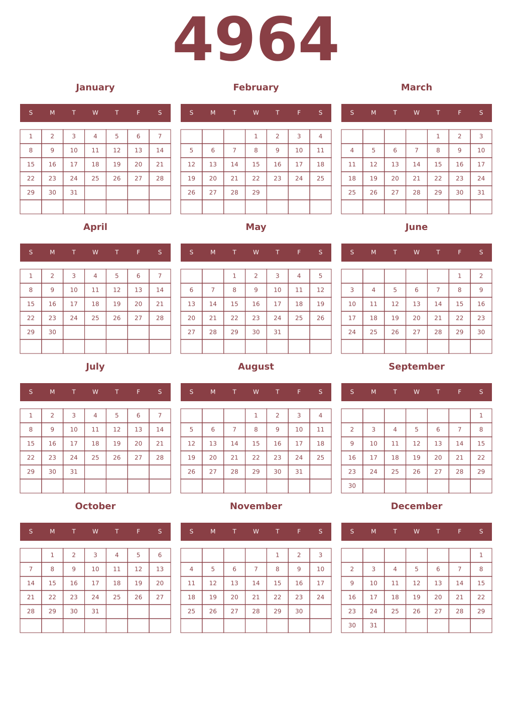 Printable 4964 Year Calendars cordovan