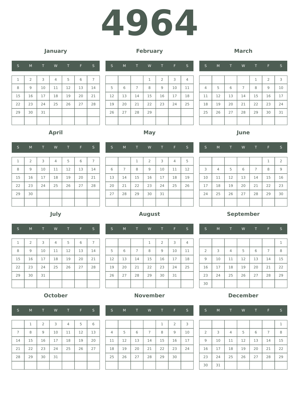 Printable 4964 Year Calendars feldgrau