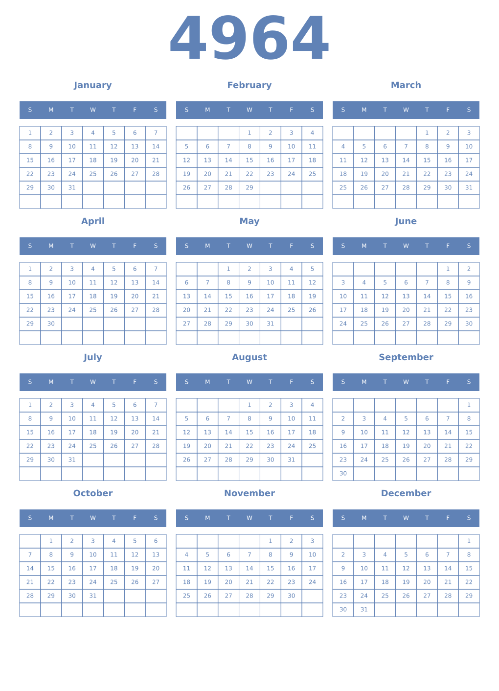 Printable 4964 Year Calendars glaucous
