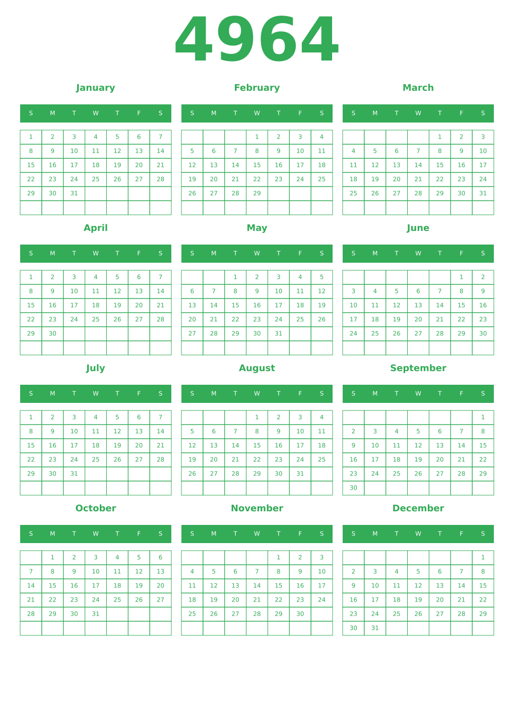 Printable 4964 Year Calendars green