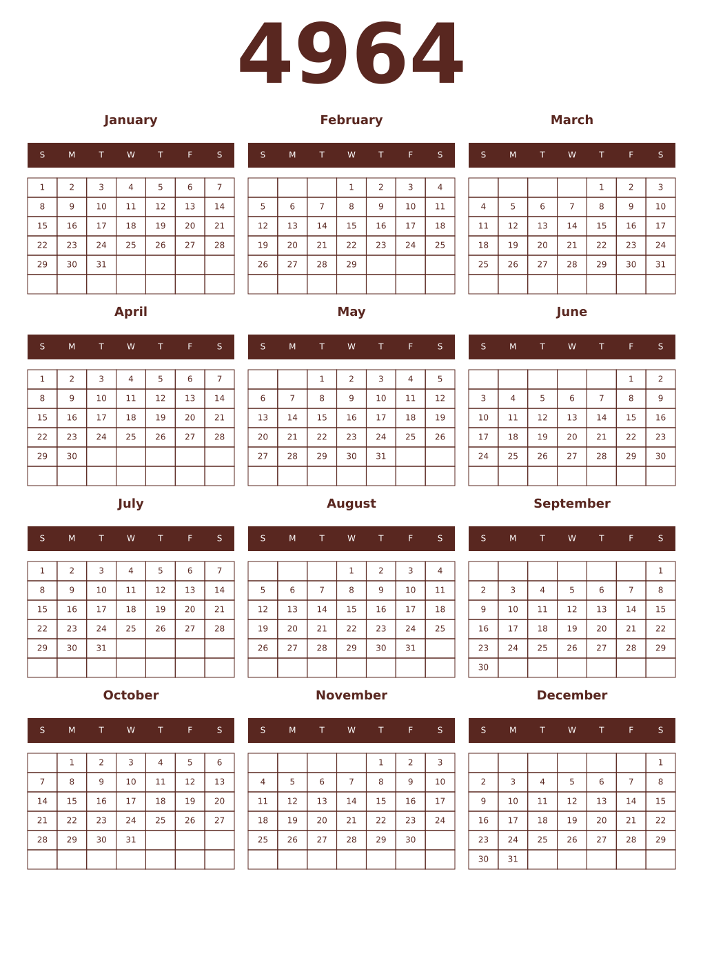 Printable 4964 Year Calendars mortuum