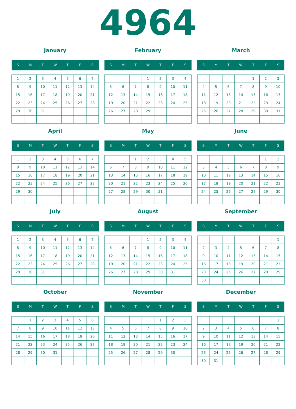 Printable 4964 Year Calendars pastel